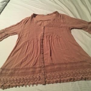 Blue Bird tan button down blouse with lace detail